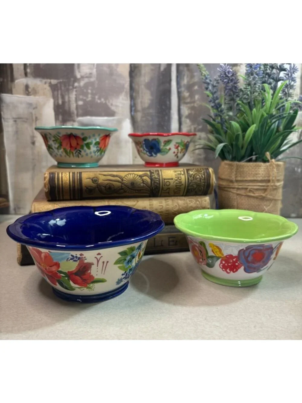 Pioneer Woman Ceramic Nesting Measuring Prep Bowls Cups 4 piece Floral